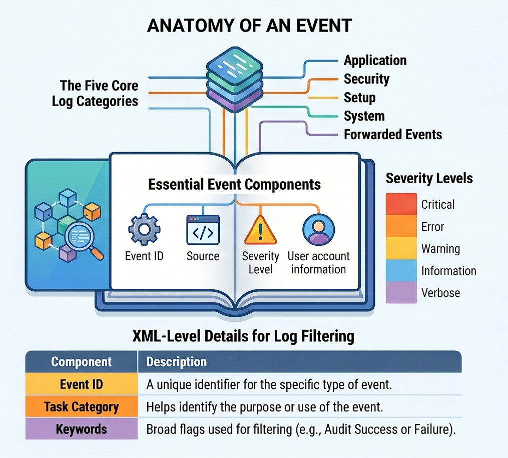 Anatomy of an Event: Windows log categories, event components, severity levels, and XML filter fields