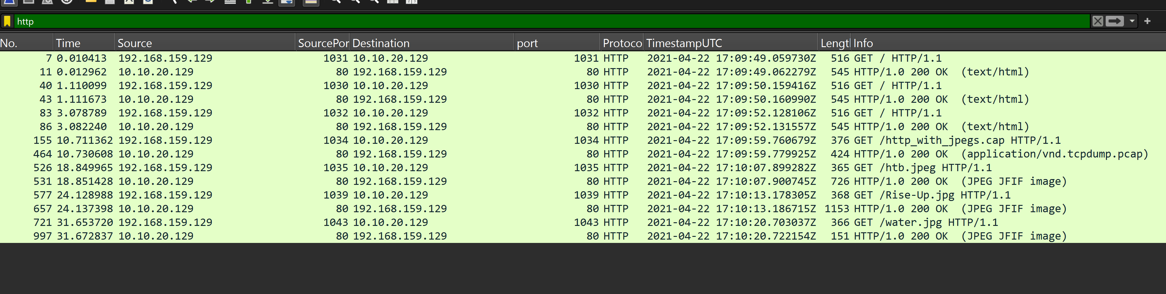 Filtering the capture for HTTP traffic
