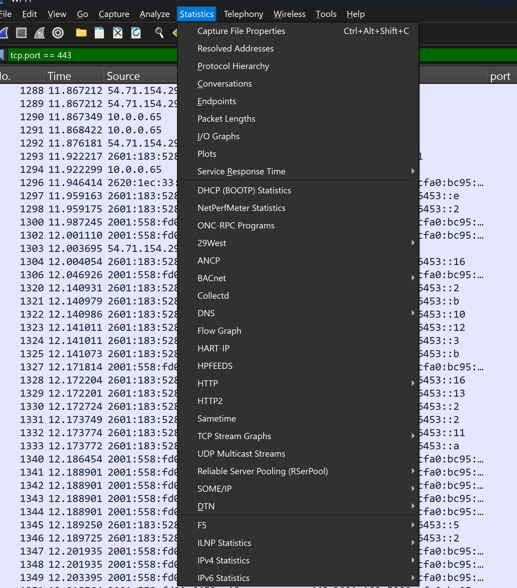 Wireshark Statistics tab reports