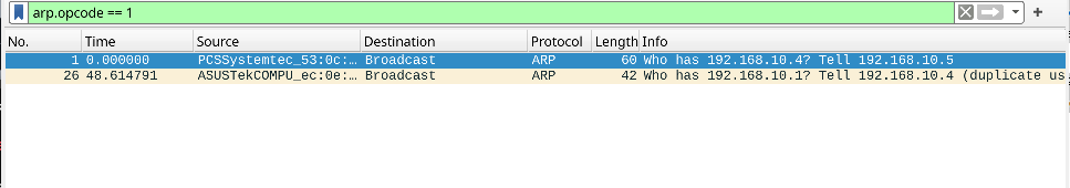 Isolating ARP requests with arp.opcode == 1