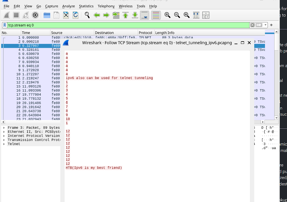 Telnet tunneled over IPv6