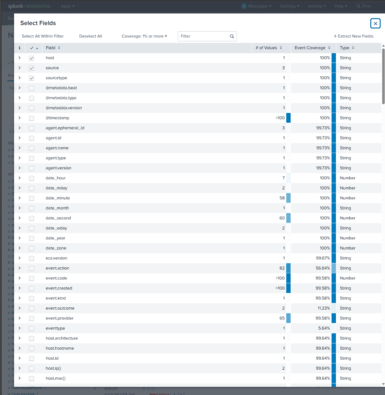 Splunk source field showing the three Windows hosts